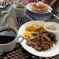 Coffee, vegan scramble, potatoes, blueberry muffin. at Olivia's Organic Cafe in Burnsville