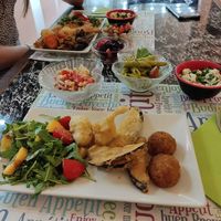 the balls and the tuna brown in the top left hand side aren't vegan, but the rest is! at Maestri Di Fabbrica in Florence