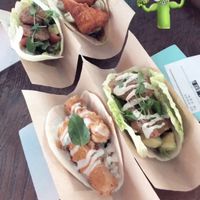 Top 2: vegan falafel and Nashville Hot Tofu. Bottom 2: veg chicken tikka (sub paneer) and falafel  at Velvet Taco in Atlanta