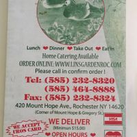 Front of menu at Lin's Garden in Rochester