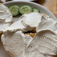 Look at the thickness of the cream cheese! at Fine Bagels @ Shakespeare and Sons in Berlin