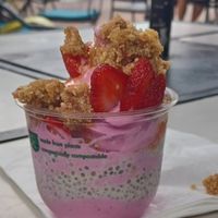Dragonflies and strawberry soft serve with chia pudding, strawberries and date pie crust at Journey Cafe in Kailua Kona