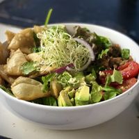 Ultimate Taco Salad with homemade tortilla chips  at Journey Cafe in Kailua Kona