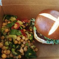 Coastal burger with chickpea salad at Larry's Market in North Vancouver