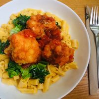 Buffalo cauliflower with vegan macaroni cheese and greens  at Lovage Project in South West London