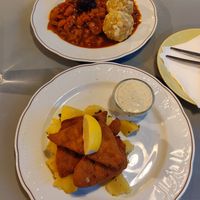 Seitan Schnitzel mit Bratkartoffeln und Sauce Tartat und Seitan-Gulasch mit Knödeln at Landia in Vienna