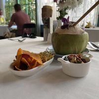 Starters and fresh coconut drink  at JOMNO Modern Khmer Cuisine  in Siem Reap