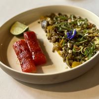 Vegan tuna and lentil saladd which  at JOMNO Modern Khmer Cuisine  in Siem Reap