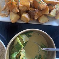 Paprika Potatoes and chickpea thai curry - heavenly !!  at Tapas Ibiza. La Finca Escondida in Ibiza