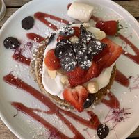 Strawberry Fields Vegan pancakes  at Helgas Pancake House in Cairns