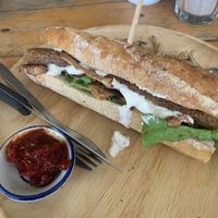 Vegan sandwich: bacon, sausage, cashew cream cheese, mushrooms and chilli jam. at Nui Bakery in Koh Tao