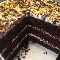 “Black and white” cake. Vegan and gluten free. You will not ever know it is vega. This is incredible  at The Dish in Baton Rouge