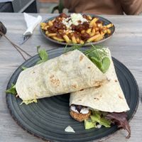 Vegan wrap and loaded fries  at Iscafeen in Hvide Sande