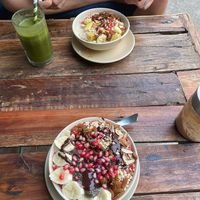 Acai bowl, vegan oatmeal, lemon and mint juicee  at Tulsi Cafe in Rishikesh