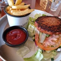 Bread-less burger with fries at Arresten in Andenes