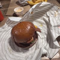 Bacon burger and fries   at Patty & Bun in London