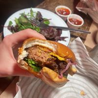 Vegan Ari Gold burger & side salad   at Patty & Bun in London