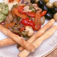 Hummus, Guacamole, crackers, sautéd veggies, olives and home made bread (not in picture) at Ciri Biri Bela in Split