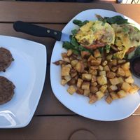 Vegan sausage, vegan just egg Benedict, and amazing home fries at Silver Diner in Gaithersburg