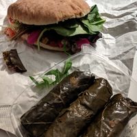 Classic falafel pita and dolma. Bad angle - the container for the dolma was smaller than the pita.  at Aleppo Palace in Cambridge