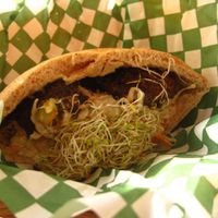 This is the traditional falafel sandwich (I only took half a pita) which made La Panthère Verte so famous. at Panthere Verte - Mile End in Montreal