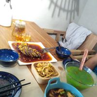 Braised aubergine, fried dough, tofu and a healthy goddess soup. Plenty for 2 people! at WángYǔYān Sù Fāng 王语嫣素坊 in Dali