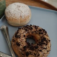 Chocolate filled donut and crunchy coffee at The Donut Cafe in Chiang Mai