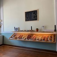 All the options of donuts and the menu  at The Donut Cafe in Chiang Mai