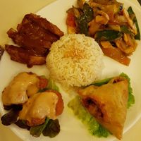 Samosa, "prawns", soy steak, tofu with veggies and rice at Loving Hut in Paris