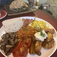 Vegan full English and vegan burger   at El Petit Princep in Barcelona