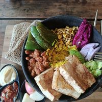 Vegan Save Nature - huge portion with buckwheat galette, hummus and salsa on the side! at Little Windows in Pokhara