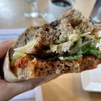 Vegan sandwich: hummus, sun dried tomato, avocado and olive  at Godt Brød in Stavanger