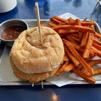 Chickpea burger with sweet potato friess  at One80 in Mgarr
