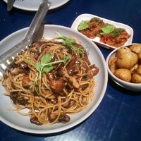 Truffle Mushroom Spaghetti, sides of Ratatouille with Walnut Pesto, and Roast Potatoes with Fenugreek at One80 in Mgarr