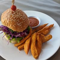 Tempeh burger at Penida Colada Beach Bar in Penida Island
