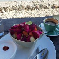 Fruit salad with coconut creme at Penida Colada Beach Bar in Penida Island