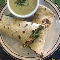 ABLT - avocado veggie bacon lettuce tomato wrap with soup of the day broccoli almond - so tasty and healthy! at Annapurna's World Vegetarian Cafe - 4th St in Albuquerque