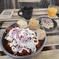 Chilaquiles rojo y verde con chorizo  at Café Vegetal in Mexico City