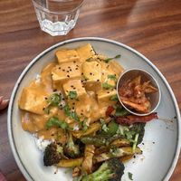 Tofu, rice, creamy sauce, broccoli kimchi  at Café Vegetal in Mexico City
