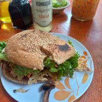 Hamburger with a tasty patty, ham, cheese & mushrooms 🍔🤎 at Gold Taco in Mexico City