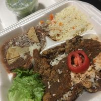 milanesa de seitán con queso vegano, frijoles y arroz at Gold Taco in Mexico City