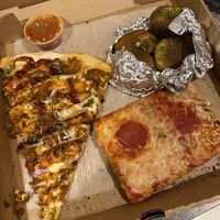 The Crispy Cauliflower slice, Sicilian slice, and Pesto Knots  at 3 Brothers of Rockville Center in Rockville Centre