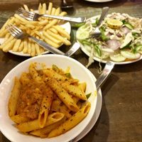 Penne with Tomato Sauce, Salad and French Fries at Sam's Art Cafe in Jodhpur