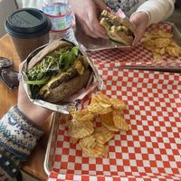 Dirty Chai, sourdough burger, and veggie burger  at Cosmic Veggies in Anacortes