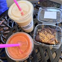 Apothecary and chocolate monkey smoothies & peanut butter brownie   at Cosmic Veggies in Anacortes