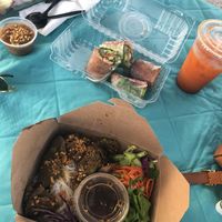 Rainbow roll, thai tea (omg so good), and the lemongrass beef vermicelli bowl. So so good! at Eden in Dana Point
