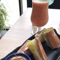 Rainbow Roll with Pink Elephant smoothie  at Eden in Dana Point