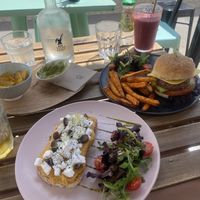 Vegan feta and sweet potato toast and vegan burger   at Sugar Rabbit Kaffé in Albufeira