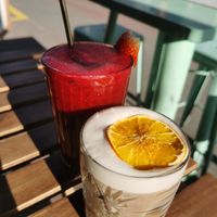 Berry juice and ice latte. at Sugar Rabbit Kaffé in Albufeira