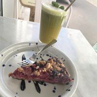 Almond berry tart with a fresh juice   at Sugar Rabbit Kaffé in Albufeira